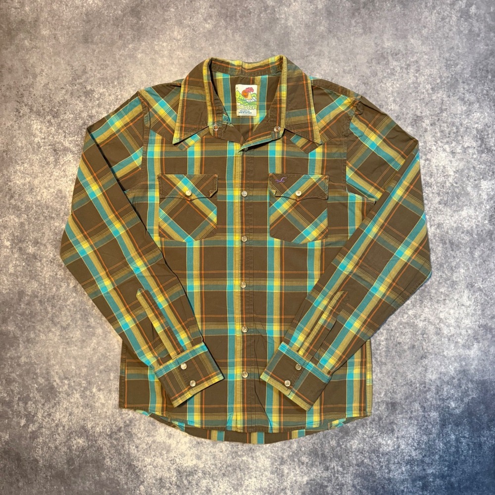 Y2K Hollister Womens Small Plaid Western Pearl Snap Shirt Brown Teal Cotton